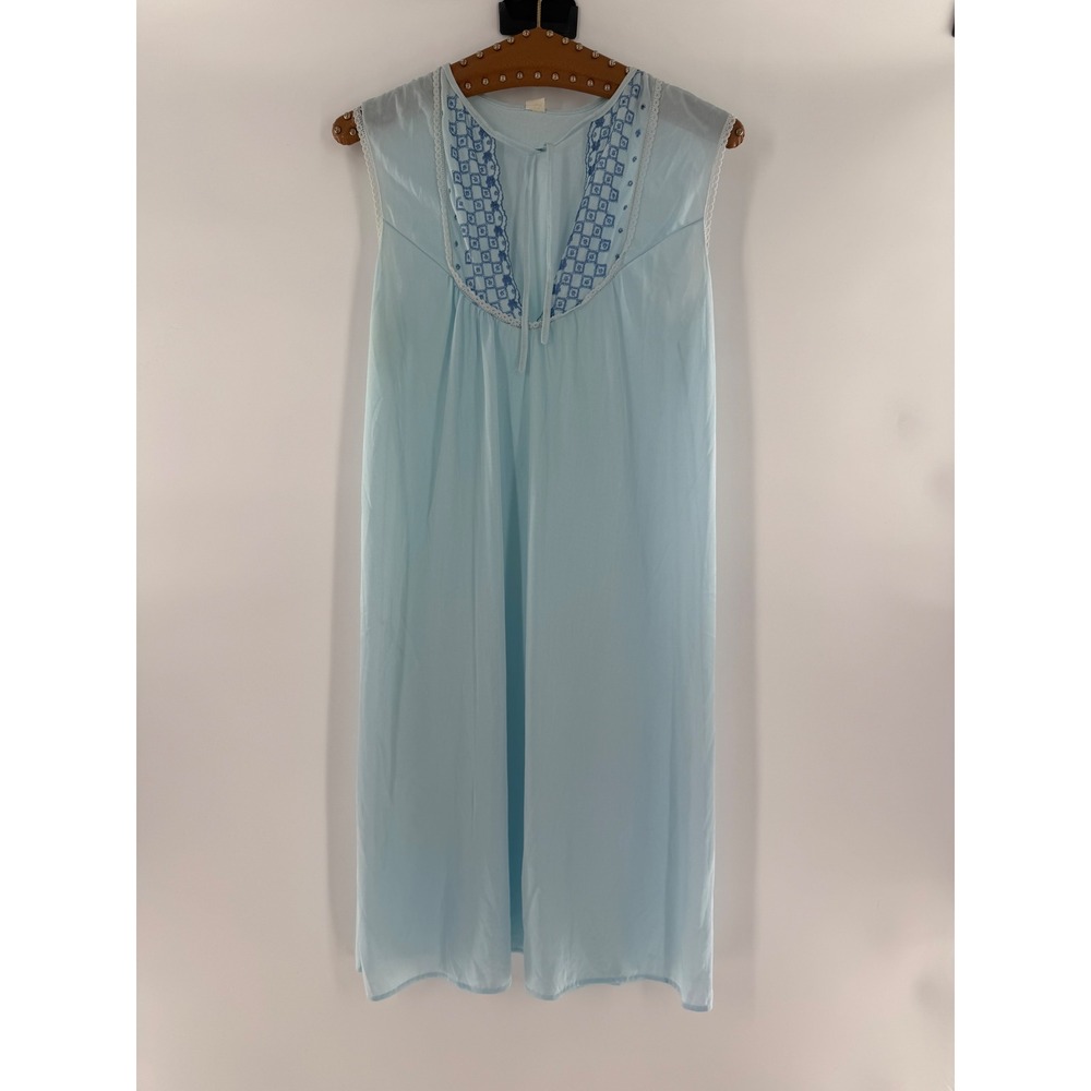 Vintage Blue Nylon Embroidered Nightgown Sleeveless Lace Trim Chemise Medium